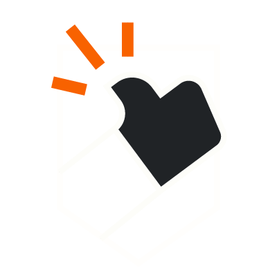Thumbs up icon inside a shield outline with orange lines