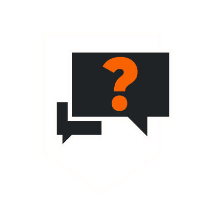 Two overlapping speech bubbles inside a shield outline, with an orange question mark in the larger bubble.