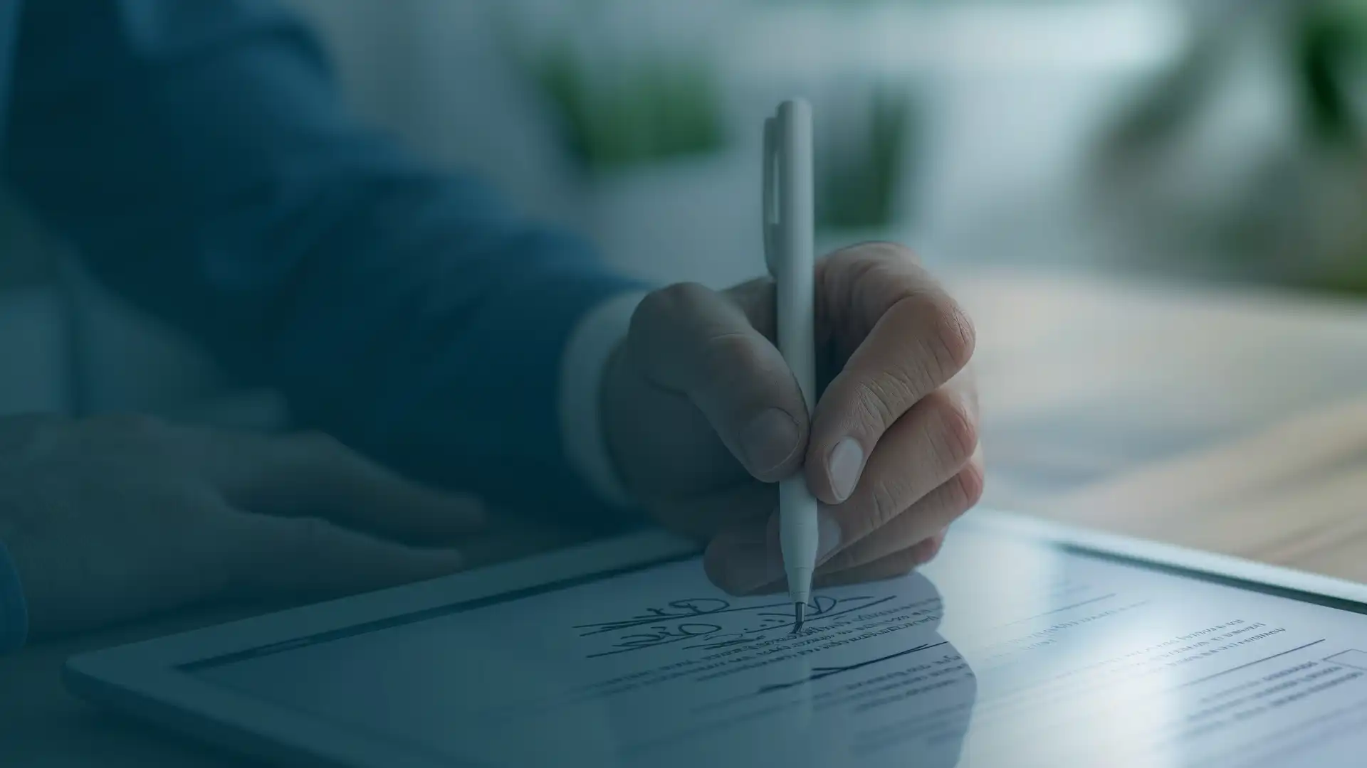 Una mano con una penna stilo firma un documento digitale su un tablet, rappresentando la moderna gestione dei contratti in un ambiente professionale.