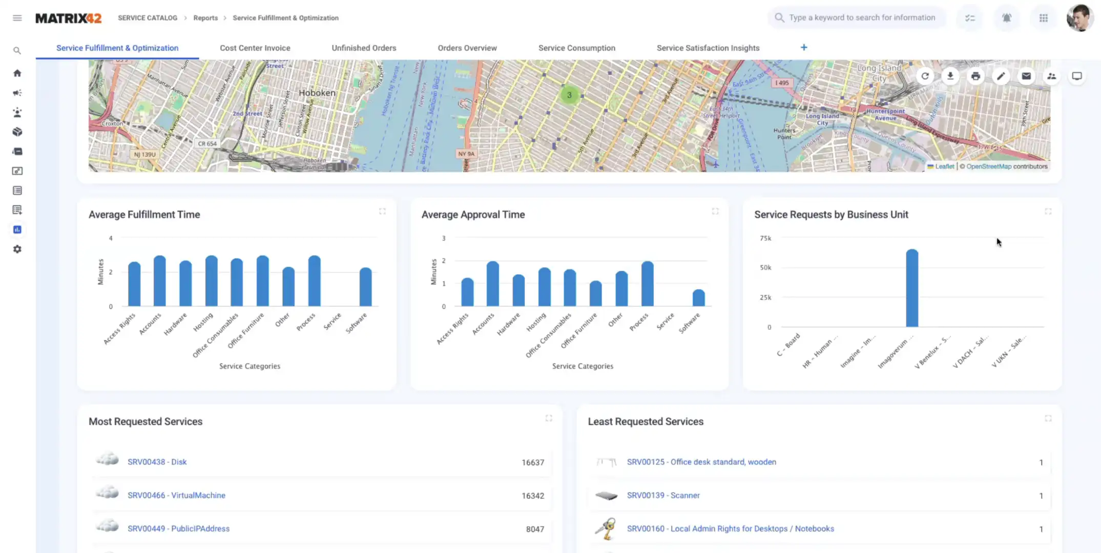 Una schermata della piattaforma Matrix42 Enterprise mostra il cruscotto Service Fulfillment and Optimization. Il display presenta report dettagliati sui tempi medi di evasione, sulle durate di approvazione e sulle richieste di assistenza, fornendo preziose informazioni sull'efficienza operativa.