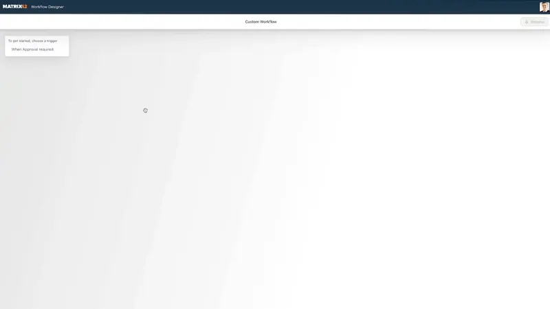 Un video di cattura dello schermo dello strumento Matrix42 Enterprise per la creazione di flussi di lavoro. Lo strumento mostra un editor di flussi di lavoro a trascinamento che costruisce un flusso di lavoro di approvazione.